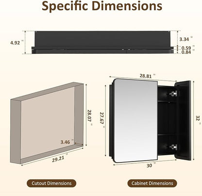 Medicine Cabinet Mirror 30x32 Inch, Black Bathroom Mirror Cabinet with Stepless Adjustable Shelves, Double Doors Metal Framed, Bathroom Mirror with Storage Recessed or Wall Mount