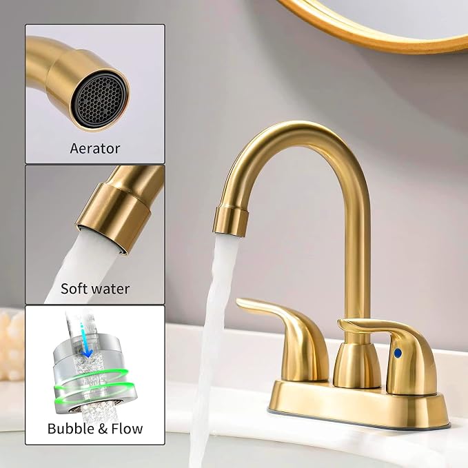 Bathroom Sink Faucet with Pop-up Drain Assembly, Brushed Gold Vanity Faucet 2-Handle for 4 Inch Sink，Modern Centerset Bathroom Faucet with Supply Hose Lead-Free