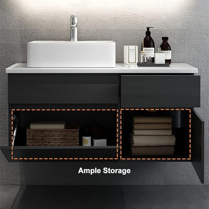 Bathroom Vanity Floating Bathroom Sink Cabinet with Ceramic Vessel Sink Wall Mounted Floating Vanity (Black & White, 31.5" W)