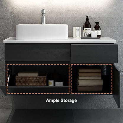 Bathroom Vanity Floating Bathroom Sink Cabinet with Ceramic Vessel Sink Wall Mounted Floating Vanity (Black & White, 31.5" W)