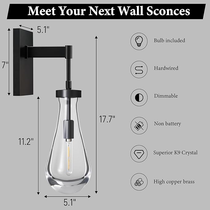 Raindrop Brass Crystal Wall Sconce: Clear Solid Indoor Sconces with Bulbs - Modern Luxury Black Light Fixtures - Dimmable Vanity Lamp for Bedroom Living Room Bathroom Hallway Bedside Lighting