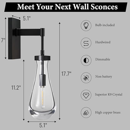 Raindrop Brass Crystal Wall Sconce: Clear Solid Indoor Sconces with Bulbs - Modern Luxury Black Light Fixtures - Dimmable Vanity Lamp for Bedroom Living Room Bathroom Hallway Bedside Lighting