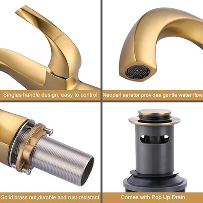 WOWOW Single Handle Bathroom Faucet 1 Hole High Arc Bathroom Basin Faucet Gold with Pop Up Drain, Solid Brass Commercial Bathroom Sink Faucet Basin Vanity Bar Faucet (Patented Product)