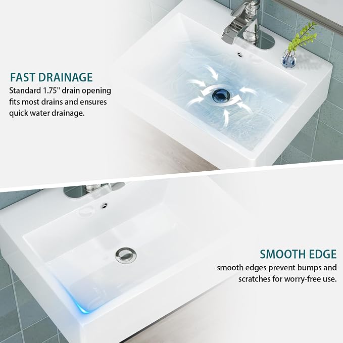 21"x16" White Ceramic Wall Mount Floating Bathroom Vessel Sink | Wall Mount Bathroom Sink Rectangle Vanity Vessel Bathroom Sink