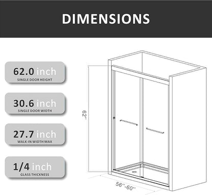 Bathtub Sliding Glass Shower Doors,56-60 inch W x 62 inch Height Shower Doors with 1/4 inch(6mm) Clear Tempered Glass,Semi-Frameless Bypass Tub Doors with Stainless Steel Brushed Nickel Handles