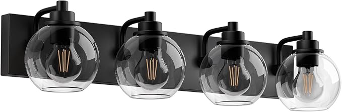 Bathroom Light Fixtures-Matte Black Vanity Lights for Bathroom, Modern Black Vanity Lights 4-Light Bathrooms Lighting Fixtures Over Mirror with Clear Glass Shade
