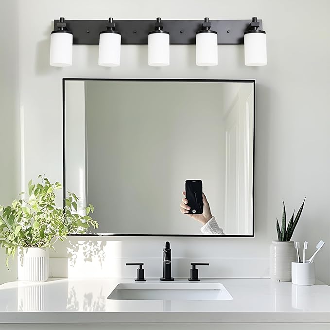 LOUSACE Bathroom Light Fixtures Over Mirror, 5 Light Vanity Lights Matte Black, Modern Bathroom Lighting with Opal White Glass Shades, Wall Sconces Fixture Vanity Lighting for Bedroom Living Room