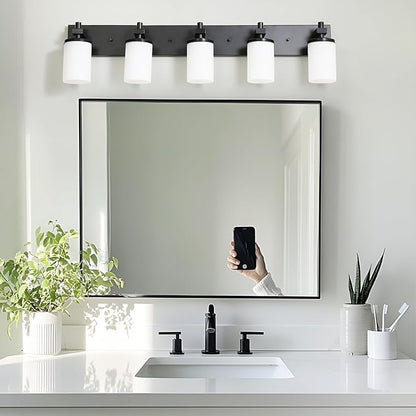 LOUSACE Bathroom Light Fixtures Over Mirror, 5 Light Vanity Lights Matte Black, Modern Bathroom Lighting with Opal White Glass Shades, Wall Sconces Fixture Vanity Lighting for Bedroom Living Room