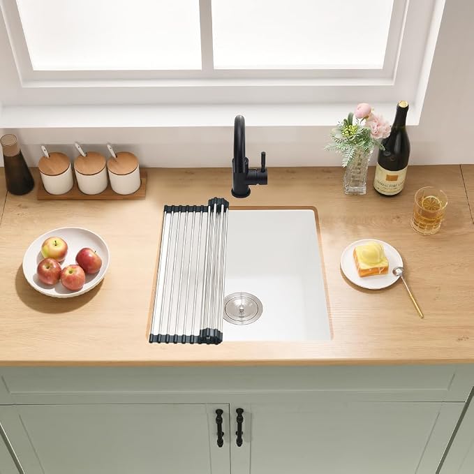Undermount Bar Sink, 19x19 Inch White Granite Quartz Composite | Small Kitchen Sink Wet Bar Single Bowl Square Deep Basin with Squeegee Brush Combo
