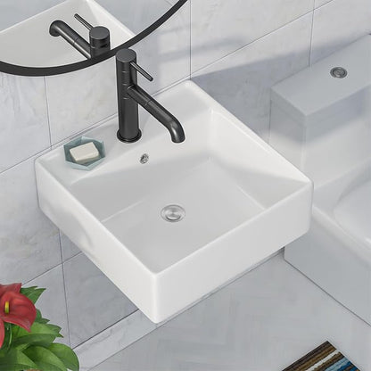Wall Mounted Vessel Sink 18"x18" Ceramic Floating Bathroom Sink | Floating Wall Hung Sinks Modern Porcelain Wall Hung Sink Wash Hand Basin Vanity Sink with Overflow