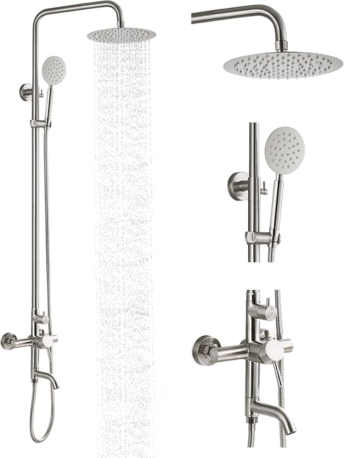 gotonovo Stainless Steel SUS304 Silver Shower faucet Set Wall Mount Triple Function Shower System 8 inches Shower Head Bathroom Adjustable Hand Spray Rainfall Brushed Nickel Shower Faucet Complete Set