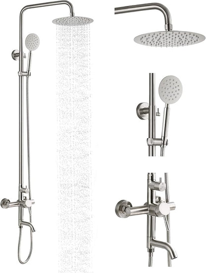 gotonovo Stainless Steel SUS304 Silver Shower faucet Set Wall Mount Triple Function Shower System 8 inches Shower Head Bathroom Adjustable Hand Spray Rainfall Brushed Nickel Shower Faucet Complete Set
