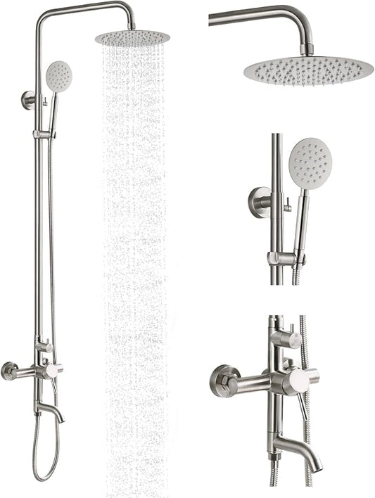 gotonovo Stainless Steel SUS304 Silver Shower faucet Set Wall Mount Triple Function Shower System 8 inches Shower Head Bathroom Adjustable Hand Spray Rainfall Brushed Nickel Shower Faucet Complete Set