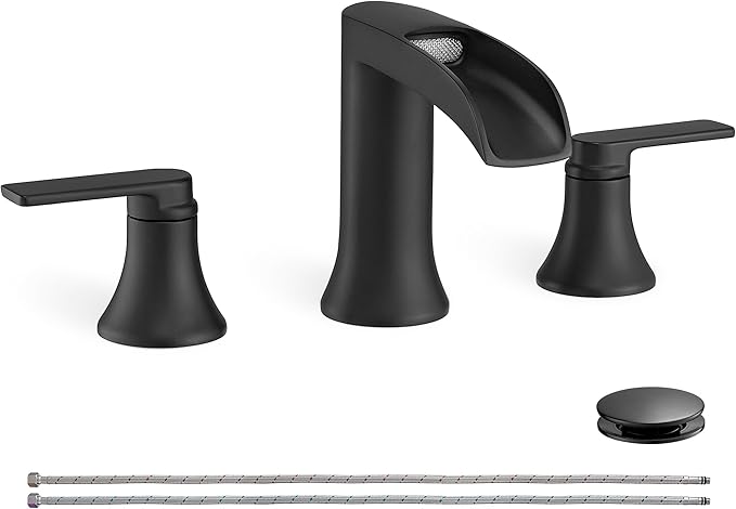 Matte Black Widespread Bathroom Sink Faucet 3 Hole, 8 Inch Waterfall Faucet for Bathroom Sink with Pop-Up Drain and cUPC Supply Lines, 2 Handles for Vanity Lavatory Restroom, Brass Material
