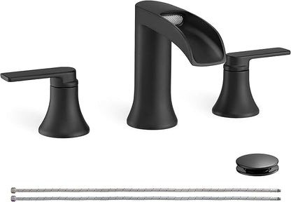 Matte Black Widespread Bathroom Sink Faucet 3 Hole, 8 Inch Waterfall Faucet for Bathroom Sink with Pop-Up Drain and cUPC Supply Lines, 2 Handles for Vanity Lavatory Restroom, Brass Material