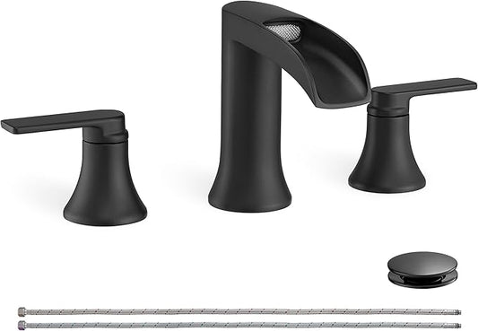 Matte Black Widespread Bathroom Sink Faucet 3 Hole, 8 Inch Waterfall Faucet for Bathroom Sink with Pop-Up Drain and cUPC Supply Lines, 2 Handles for Vanity Lavatory Restroom, Brass Material