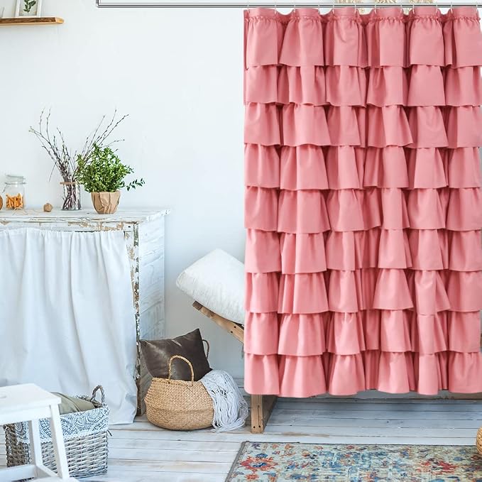 Pink Ruffle Shower Curtain for Bathroom, 72x72 inch, Ruffled Layered Fabric | Cascading Ruffle Tiers, Standard 72 X 72 Size, 7ft, Soft Microfiber Fabric, 12 Hooks Included, Machine Washable, Farmhouse