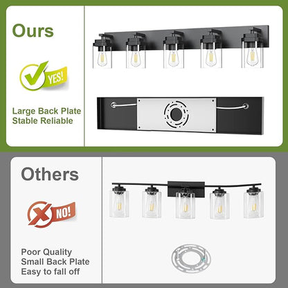 Black Bathroom Light Fixtures, 5 Lights Bathroom Lighting Fixtures Over Mirror, Square Design & Rectangle Large Backplate, Modern Vanity Lighting Fixtures, for Bathroom/Living Room/Bedroom