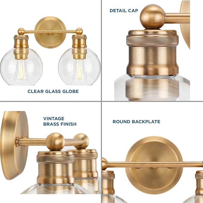 Hansford Collection 2-Light Clear Glass Farmhouse Bath Vanity Light Vintage Brass