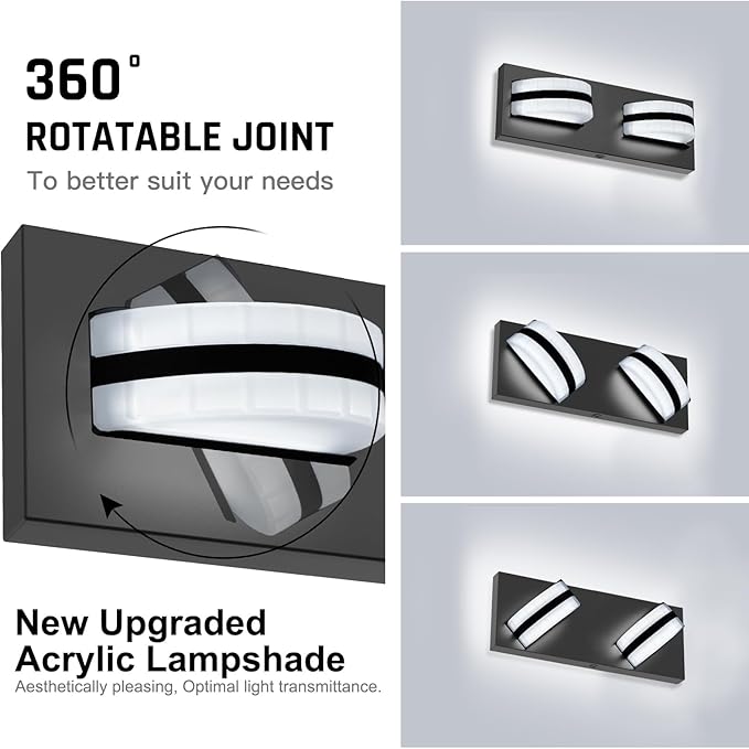 LED Bathroom Vanity Light, 1100LM 2 Light, Black Modern Matte Bathroom Lighting, Over Mirror Vanity Lights for Bathroom, Living Room, Bedroom ETL Certified