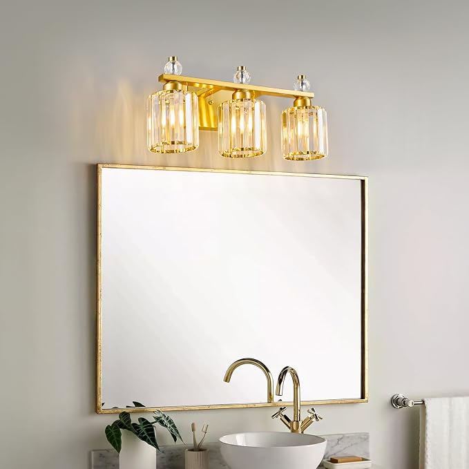 Bathroom Vanity Lights 3-Light Gold Modern Crystal Vanity Light Fixtures Over Mirror Crystal Bathroom Vanity Lighting Fixtures