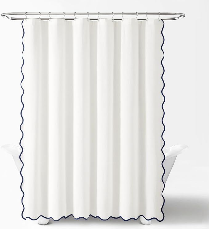 Lush Decor Coastal Chic Scallop Edge Linen-Textured Shower Curtain, Single 72" W x 72" L, Navy & White - Scalloped Shower Curtains - Coastal Bathroom Curtain
