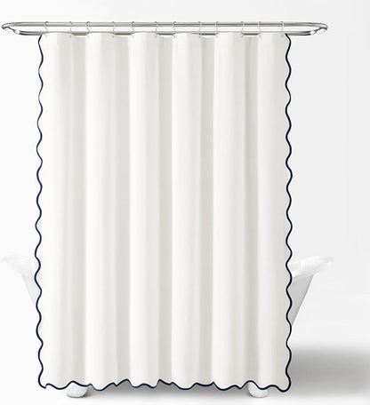 Lush Decor Coastal Chic Scallop Edge Linen-Textured Shower Curtain, Single 72" W x 72" L, Navy & White - Scalloped Shower Curtains - Coastal Bathroom Curtain