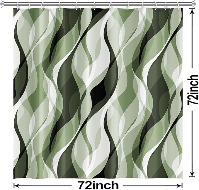 Sage Green Shower Curtain, Abstract Ombre Green and Grey Striped Shower Curtain Set for Bathroom Waterproof Polyester Shower Curtain with Hooks, 72x72 Inch