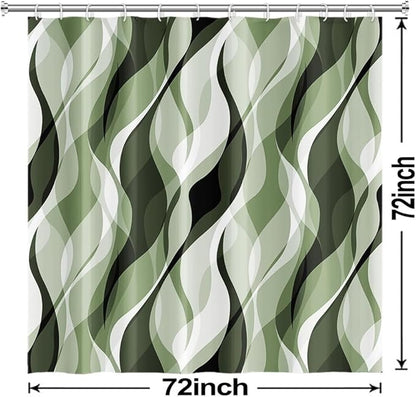 Sage Green Shower Curtain, Abstract Ombre Green and Grey Striped Shower Curtain Set for Bathroom Waterproof Polyester Shower Curtain with Hooks, 72x72 Inch