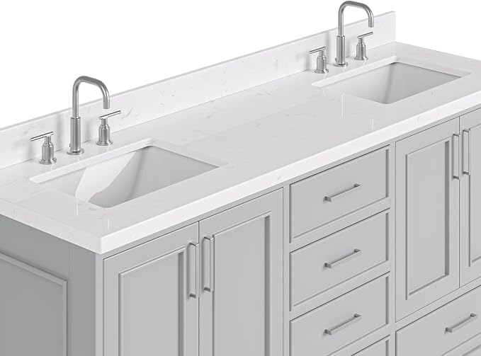Langford 72-inch Grey Bathroom Vanity with Left & Right Rectangle Double Sinks, Carrara White Quartz Countertop & Backsplash, Solid Wood Frame, Soft-Closing & Dovetail Drawers
