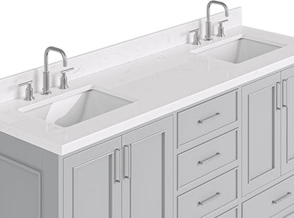 Langford 72-inch Grey Bathroom Vanity with Left & Right Rectangle Double Sinks, Carrara White Quartz Countertop & Backsplash, Solid Wood Frame, Soft-Closing & Dovetail Drawers