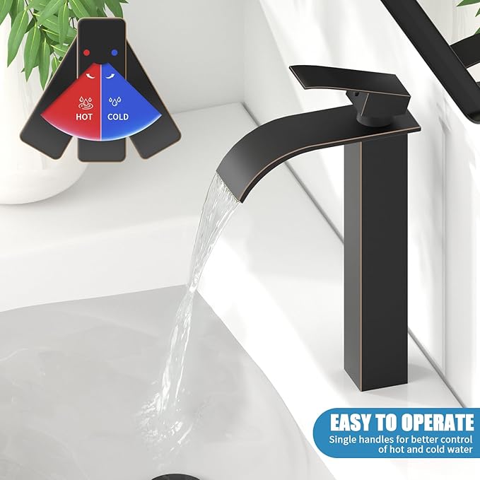 Black faucet with water flowing, labeled for hot and cold water control, on a white background.