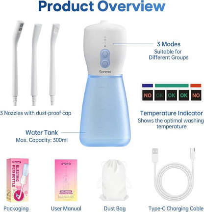 Electric Peri Bottle for Postpartum:3 Nozzles, 3 Modes, Rechargeable | Leak-proof, auto shut-off, 60 uses per charge, one-touch rinsing, spa-like cleansing for all ages