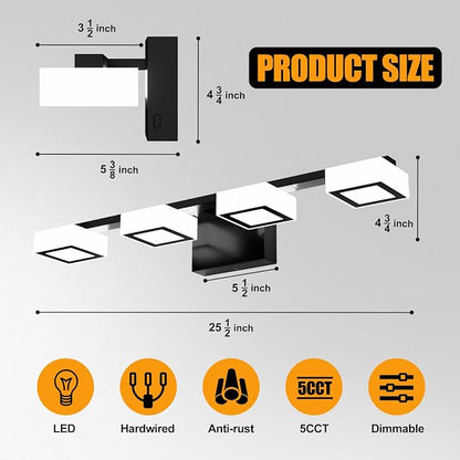 LED Modern Bathroom Light Fixtures, 4-Light Dimmable Vanity Lights with 5 Color Modes, Matte Black Acrylic Bathroom Wall Lighting Fixtures Over Mirror, 2700K- 6500K Adjustable, 25.5 Inch, ETL Listed