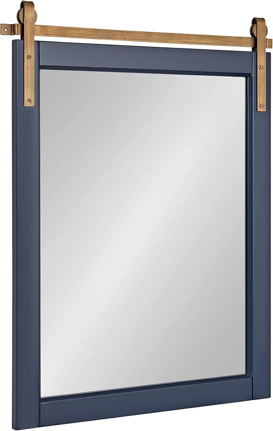 Kate and Laurel Skylan Modern Farmhouse Decorative Wood Framed Wall Mirror; 22 x 28; Navy and Antique Gold; Barn Door-Inspired Wall Hanging Mirror for Bathroom or Living Room Uses