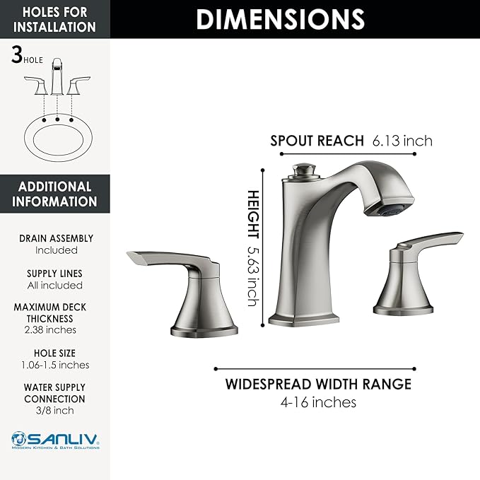 Brushed Nickel Bathroom Faucet 3 Hole, 8-Inch Widespread Bathroom Faucet, 2 Handle Bathroom Sink Faucet, Drain Assembly, Brushed Nickel