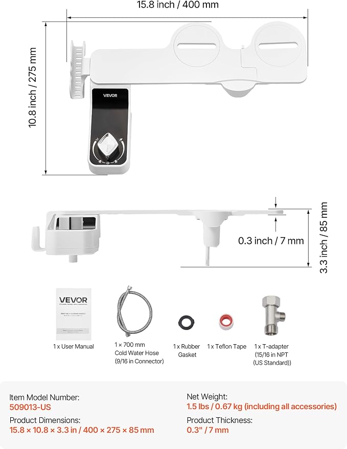 VEVOR Bidet Attachment for Toilet, 0.3" Ultra Thin Bidet Toilet Seat Attachment - Dual Retractable Nozzles, Adjustable Water Pressure, Non-Electric Cold Water Sprayer for Front Rear Water Wash, White