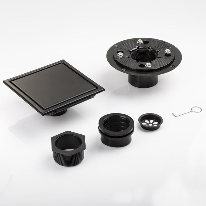 Square Shower Drain Black 6 inch with 2 in 1 Tile-Insert Cover | AISI 304 Stainless Steel Brushed Shower Floor Drain with Removable Hair Catcher and Flange Fits Bathroom Balcony Kitchen
