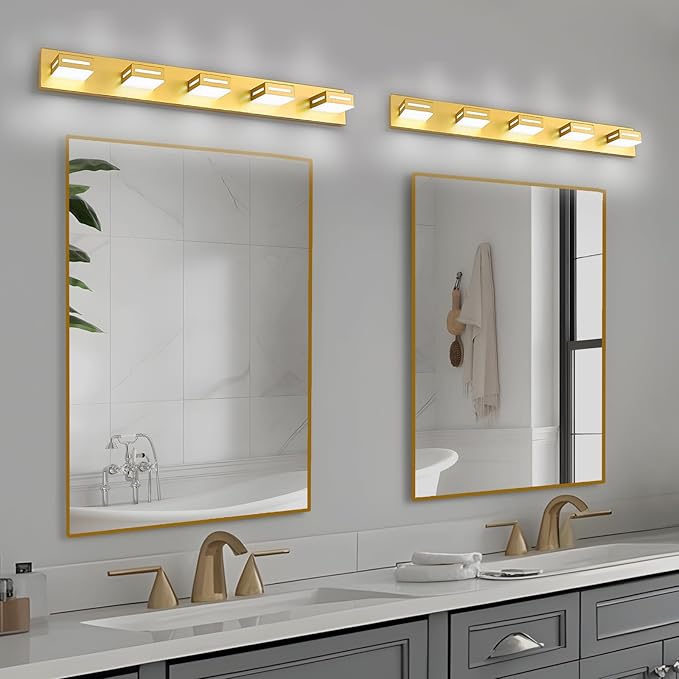 LED Modern Bathroom Light Fixtures, 5-Light 40-Inch Gold Vanity Lights for Bathroom Lighting Fixtures Over Mirror, 350° Rotatable Acrylic, 6000K Cool White Wall Lamp