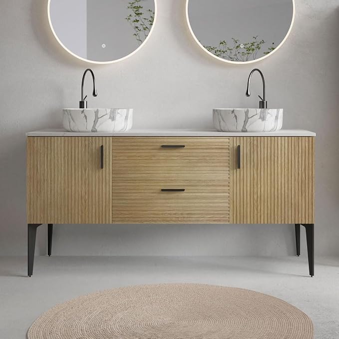 60" Double Bathroom Vanity with Sink Combo, Mid-Century Modern Bath Cabinet with Carrara Marble Finish Sink, 2 Doors & 2 Drawers, Large Storage for Bar, Hotel, Apartment, Natural Oak