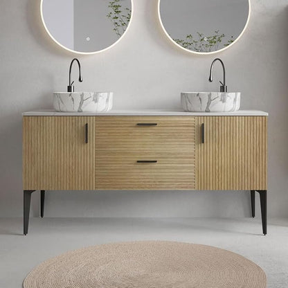 60" Double Bathroom Vanity with Sink Combo, Mid-Century Modern Bath Cabinet with Carrara Marble Finish Sink, 2 Doors & 2 Drawers, Large Storage for Bar, Hotel, Apartment, Natural Oak