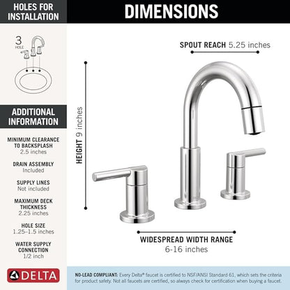 Delta Nicoli Chrome Bathroom Faucet with Sprayer, 8 Inch 3 Hole Widespread Bathroom Sink Faucet with Pull Out Sprayer, Push-Pop Drain, Chrome 35749LF-PD