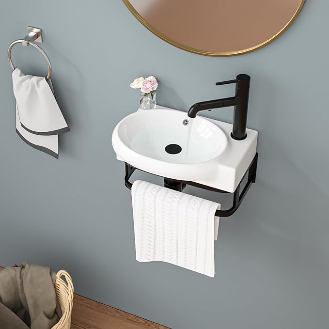 Sarlai Wall Mounted Bathroom Vessel Sink with Towel Rack,17x11 Inch Wall Hung Rectangle Ceramic Small Bathroom Sink White Mini Wash Modern Vanity Floating Basin