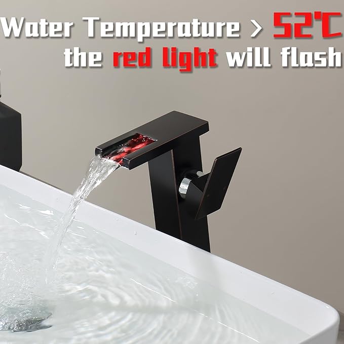 LED Waterfall Bathroom Sink Faucet, 3 Colors Spout Faucet with Water Supply Hose, Single Handle Single Hole Slanted Body Brass Mixer Vanity Sink Tap (Oil Rubbed Bronze