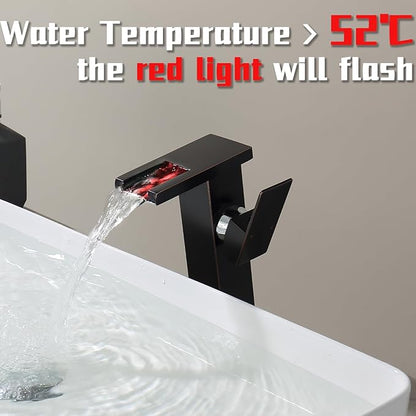 LED Waterfall Bathroom Sink Faucet, 3 Colors Spout Faucet with Water Supply Hose, Single Handle Single Hole Slanted Body Brass Mixer Vanity Sink Tap (Oil Rubbed Bronze