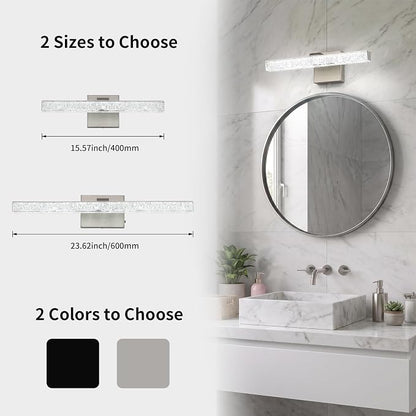 16 Inch Brushed Nickel LED Bathroom Vanity Light Fixtures, Iceberg Crushed Acrylic Modern Wall Sconce Lighting Over Mirror, 5500K Cool White Linear Vanity Lamp for Mirror Cabinet Powder Room
