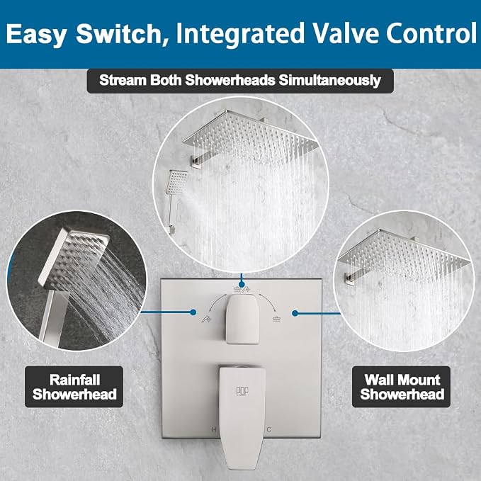 Shower Faucet Set Brushed Nickel Rainfall 15 Inch Thickened Shower Head and Handle Set Bathroom Shower System Wall Mounted Shower Fixture Include Shower Valve and Trim Kit