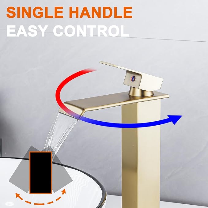 Bathroom Vessel Sink Faucet Brushed Gold, Waterfall Bathroom Faucet, Vessel Faucet, Tall Body High 1 Hole Single Handle with Pop Up Drain Combo Vanity Mixer Tap Commercial Basin Bowl Sink
