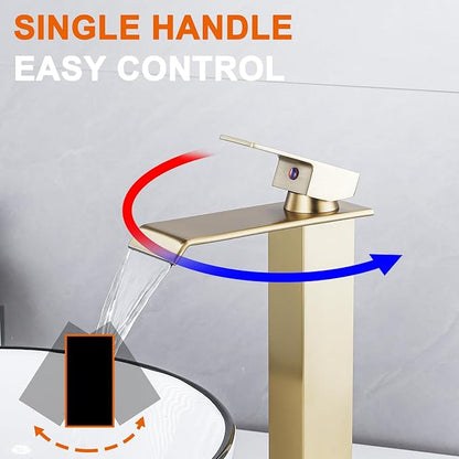 Bathroom Vessel Sink Faucet Brushed Gold, Waterfall Bathroom Faucet, Vessel Faucet, Tall Body High 1 Hole Single Handle with Pop Up Drain Combo Vanity Mixer Tap Commercial Basin Bowl Sink