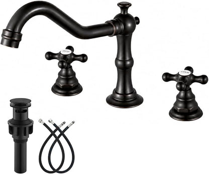 gotonovo Bathroom Faucet 3 Hole Vintage, Oil Rubbed Bronze, Hot Cold Label | Widespread Bathroom Sink Faucet 8 Inch 2 Cross Handles,Pop Up Drain,cUPC Supply Line,4-15.7” Install,for Vanity Farmhouse RV
